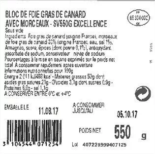 Lista de ingredientes del producto Bloc de foie gras 30% morceaux Maison Montfort 550g