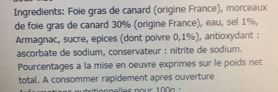 Lista de ingredientes del producto Bloc de foie gras avec 30% morceaux Maison Montfort 320g