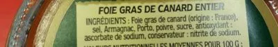 Lista de ingredientes del producto Foie Gras de Canard Entier Vicomte de Turenne 