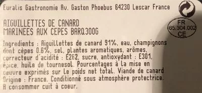 Lista de ingredientes del producto Aiguillettes de canard marinees aux cèpes  300 g