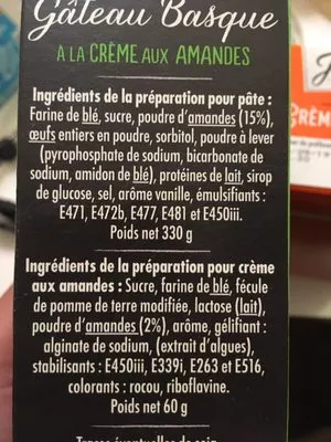 Lista de ingredientes del producto Jock Préparation Pour Gâteau Basque Jock 