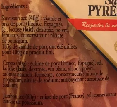 Lista de ingredientes del producto Plateau des pyrénées Salaisons Pyrénéennes 160 g