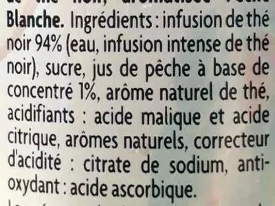 Lista de ingredientes del producto Thé noir parfum pêche blanche May Tea 1 L