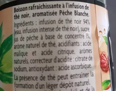 Lista de ingredientes del producto Thé noir parfum pèche blanche Oscar mayer, May tea, Orangine Schweppes France 33 cl