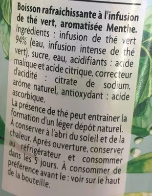 Lista de ingredientes del producto Thé infusé glacé, Thé vert parfum menthe May Tea 1 l