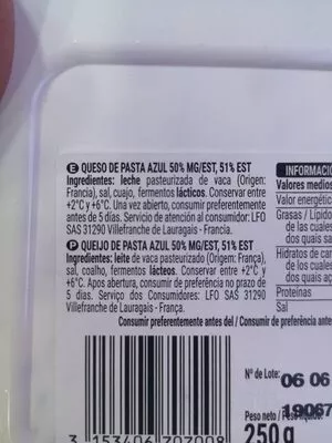 Lista de ingredientes del producto Bleu De France Cantorel -250gr ali Cantorel 250 g