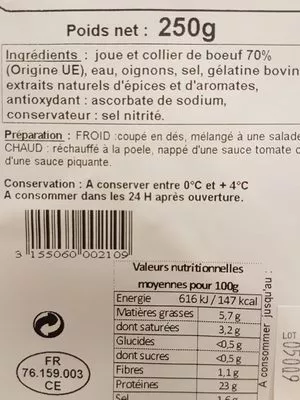 Lista de ingredientes del producto Bœuf cuit Paillard Paillard 250 g