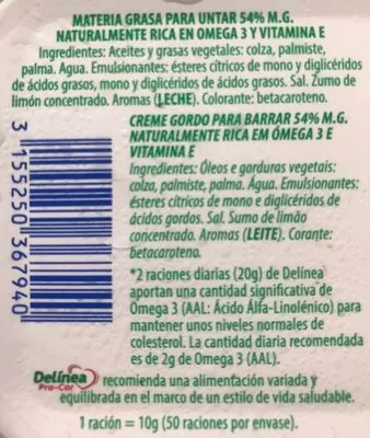 Lista de ingredientes del producto Margarina Delinea Omg3 Delinea 