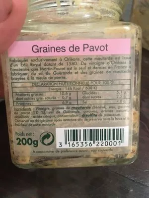 Lista de ingredientes del producto Moutarde du dimanche Martin Pouret 200 g