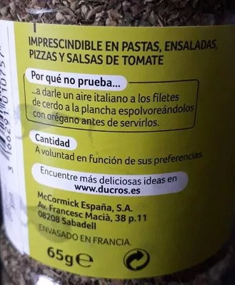 Lista de ingredientes del producto Orégano Ducros 