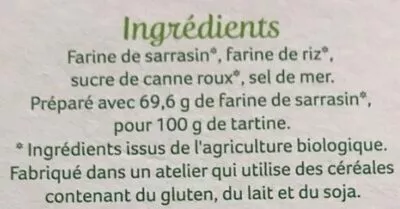 Lista de ingredientes del producto Tartines craquantes sarrasin Céréal Bio 145 g