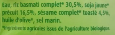 Lista de ingredientes del producto Le Mélange du Levant : Riz, Soja et Sésame Bio Céréal Bio, Bio express 220 g (1 personne)