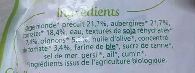 Lista de ingredientes del producto Cuisiné aubergines, orge et soja Céréal Bio 250g