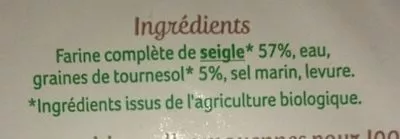 Lista de ingredientes del producto Pain complet de seigle aux graines de tournesol Céréal Bio 500 g