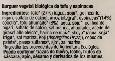 Lista de ingredientes del producto Hamburguesa Tofu y Espinacas Gerblé 