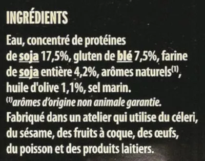 Lista de ingredientes del producto Grill Végétal Émincés Soja & Blé Céréal 150 g (2×75 g)