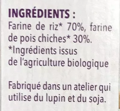 Lista de ingredientes del producto Penne farines de riz et pois chiche Gerblé 250 g