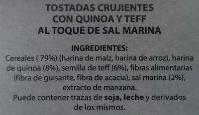 Lista de ingredientes del producto Tostadas crujientes de quinoa y semillas de teff Gerblé 100 g