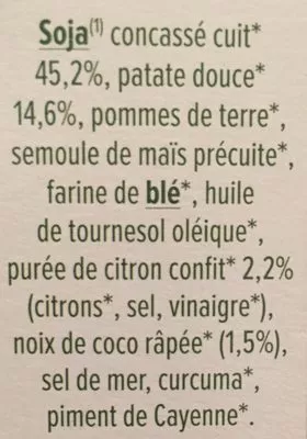 Lista de ingredientes del producto Carrés de soja patate douce et citron confit Céréal bio 2 x 100g