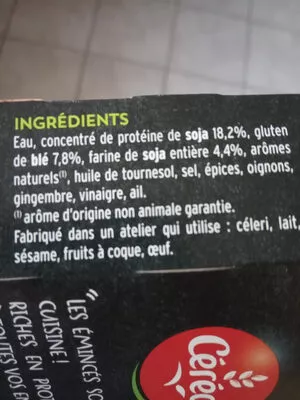 Lista de ingredientes del producto Émincés Soja et Blé céréal 130