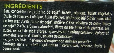 Lista de ingredientes del producto Steak soja et blé barbecue Céréal 