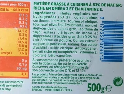 Lista de ingredientes del producto Primevère 63% MG (Tartine et Cuisson) Primevère 