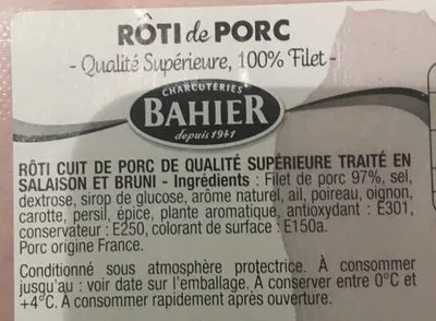 Lista de ingredientes del producto Roti de porc Charcuterie Bahier 