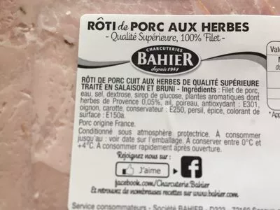 Lista de ingredientes del producto Roti de porc aux herbes Bahier 