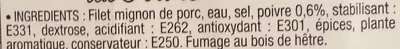 Lista de ingredientes del producto Filet Mignon Fumé au Poivre Bahier 100 g