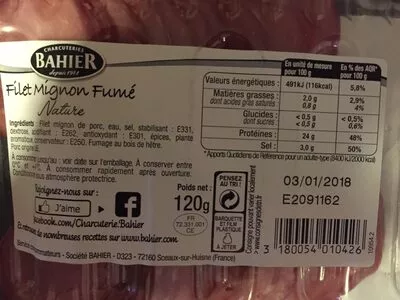 Lista de ingredientes del producto Bahier filet mignon fumé nature Bahier 