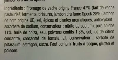 Lista de ingredientes del producto Mini Roulés speck houmous poivrons Madrange 20 roulés (100 g)