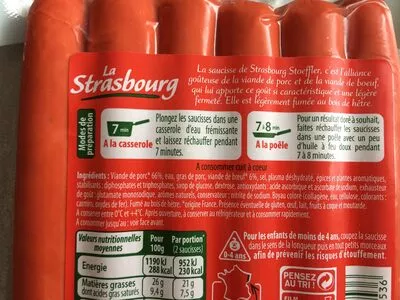 Lista de ingredientes del producto Saucisses de Strasbourg, lot de 2+1 gratuit Stoeffler 720g