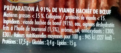 Lista de ingredientes del producto Steaks Hachés Assaisonnés Oignon Charal 250 g - 2x125g