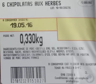 Lista de ingredientes del producto Chipolatas aux Herbes Leader Price 330 g (x 6)