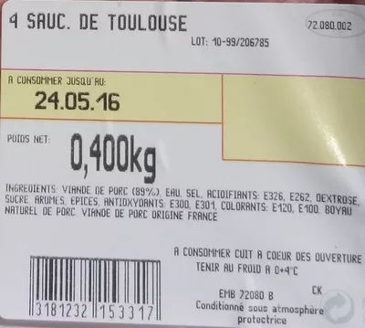 Lista de ingredientes del producto Saucisses de Toulouse Leader Price 400 g (4 x 100 g)