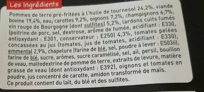 Lista de ingredientes del producto Gratin au Bœuf Façon Bourguignon Charal 850 g