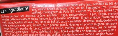 Lista de ingredientes del producto Bœuf Façon Bourguignon et Pâtes Fusili Charal 300 g