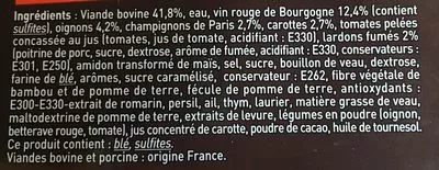 Lista de ingredientes del producto Bœuf Bourguignon Mitonné au Vin de Bourgogne Charal 300 g (2 * 150 g)