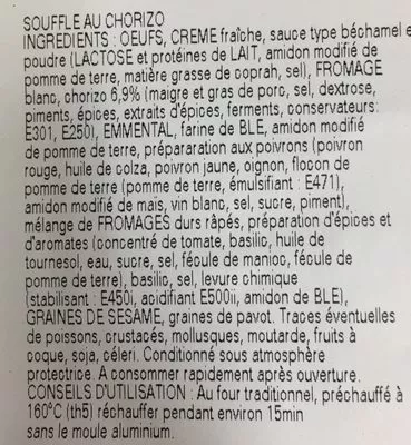 Lista de ingredientes del producto Soufflé au Chorizo Jean Stalaven 