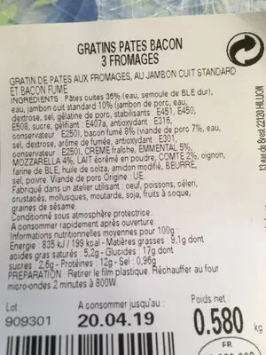 Lista de ingredientes del producto Gratin de pâtes et bacon aux 3 fromages Jean stalaven 580g