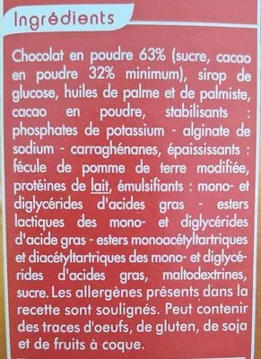 Lista de ingredientes del producto Préparation pour mousse au chocolat. Carrefour 936 g