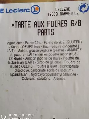 Lista de ingredientes del producto Tarte aux poires Leclerc 