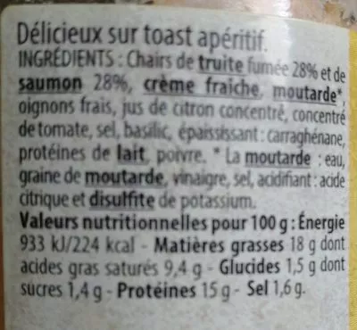 Lista de ingredientes del producto Rillettes de truite fumée Crustarmor Bretagne 