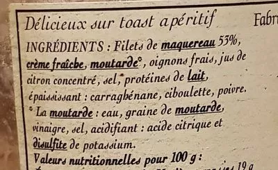 Lista de ingredientes del producto Rillettes de maquereau Crustine 