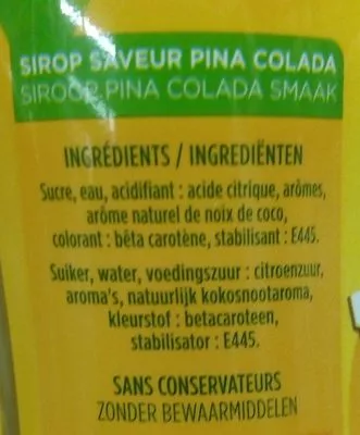 Lista de ingredientes del producto Sirop Saveur pina Colada FRUISS 