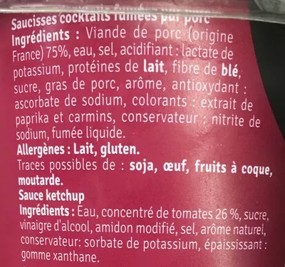 Lista de ingredientes del producto 1919 Saucisses Cocktails pur Porc sauce Ketchup Jean Caby 180 g (et 25 g de sauce)