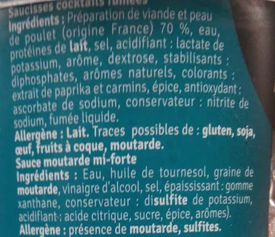 Lista de ingredientes del producto 1919 Saucisses Cocktails 100% poulet Sauce Moutarde Jean Caby 180 g (+25 g de sauce)