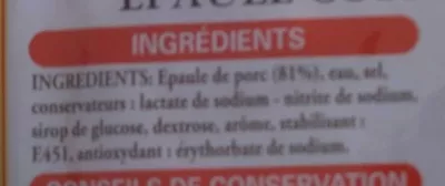 Lista de ingredientes del producto Epaule cuite choix bloc Sans marque, LDS 350 g