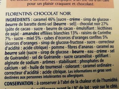 Lista de ingredientes del producto Florentins au caramel et au chocolat noir Guichard Perrachon 80 g