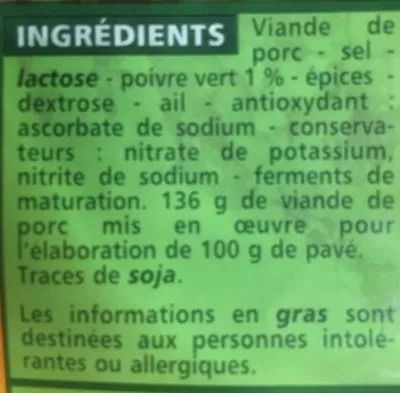 Lista de ingredientes del producto Pavé au poivre vert 10 Tranches Casino 120 g